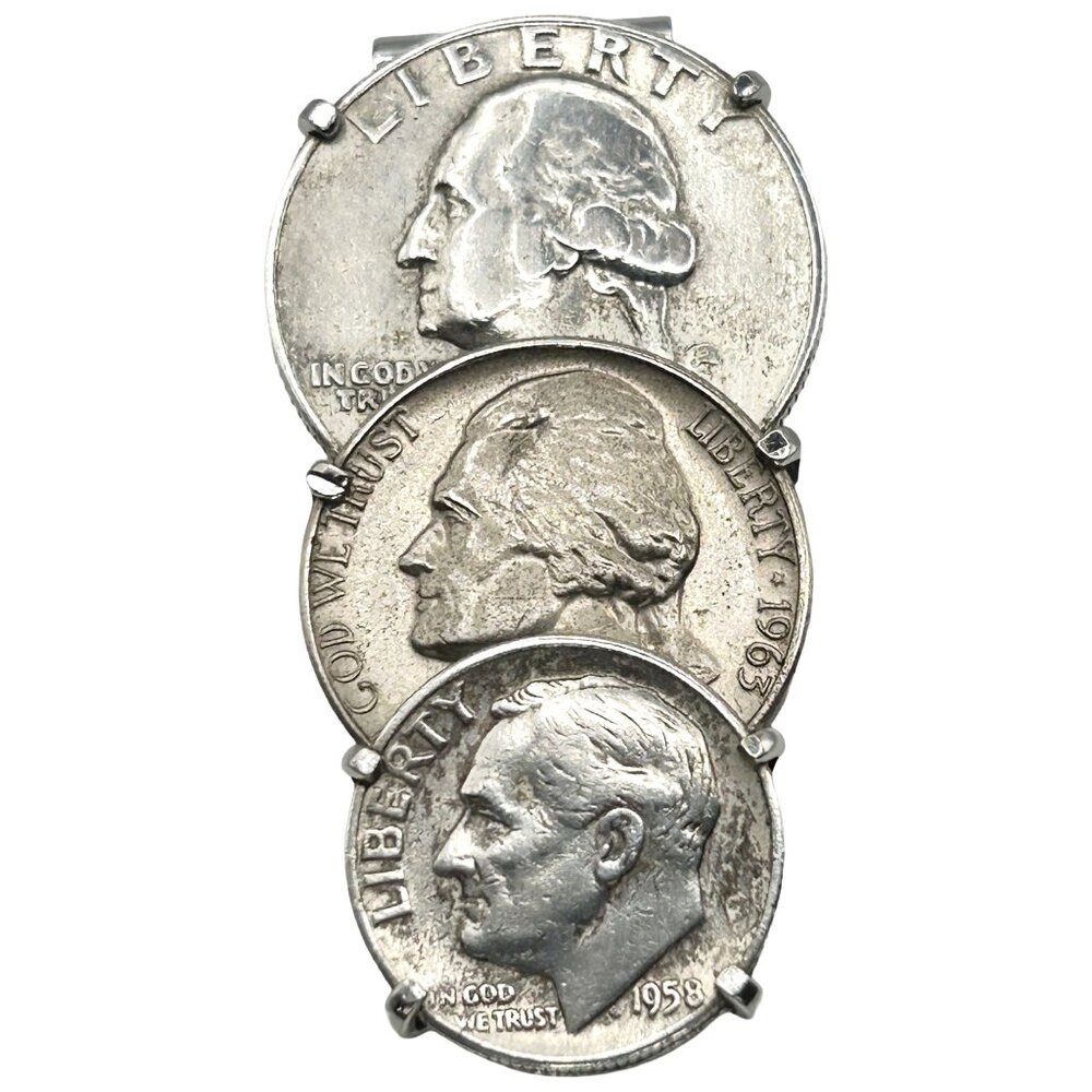 Vintage Swank Coin Money Clip Silver Quarter, '53 Dime, '63 Jefferson Nickle